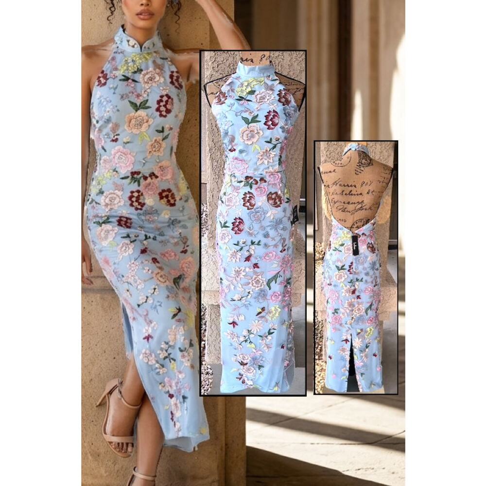 Lulus Blue Floral Embroidered Halter Infinite Praise Maxi Dress Size L - Picture 2 of 9
